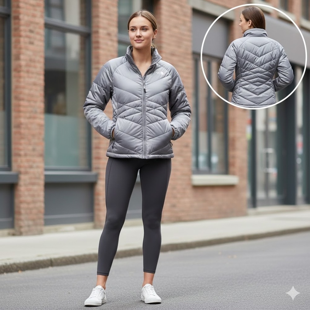 The North Face Womens 650 Down Puffer Jacket Gray Medium Quilted Coat